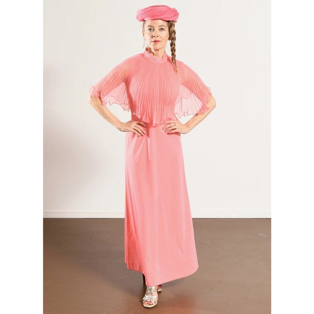 Vintage 70s Miss Rubette Women's Pink sheer cape prom wedding Maxi Dress Size 14